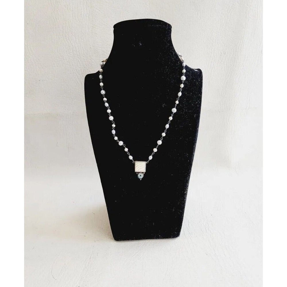 Vintage Sterling Pearl Station Links Mother Pearl Pendant Rhinestone Necklace